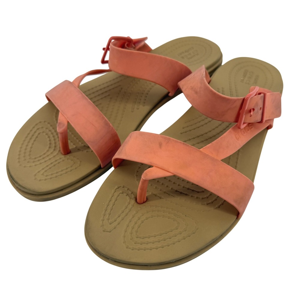 Crocs Tulum Toe Post Sandal Flip Flop Grapefruit Orange Tan Women 9 Buckle